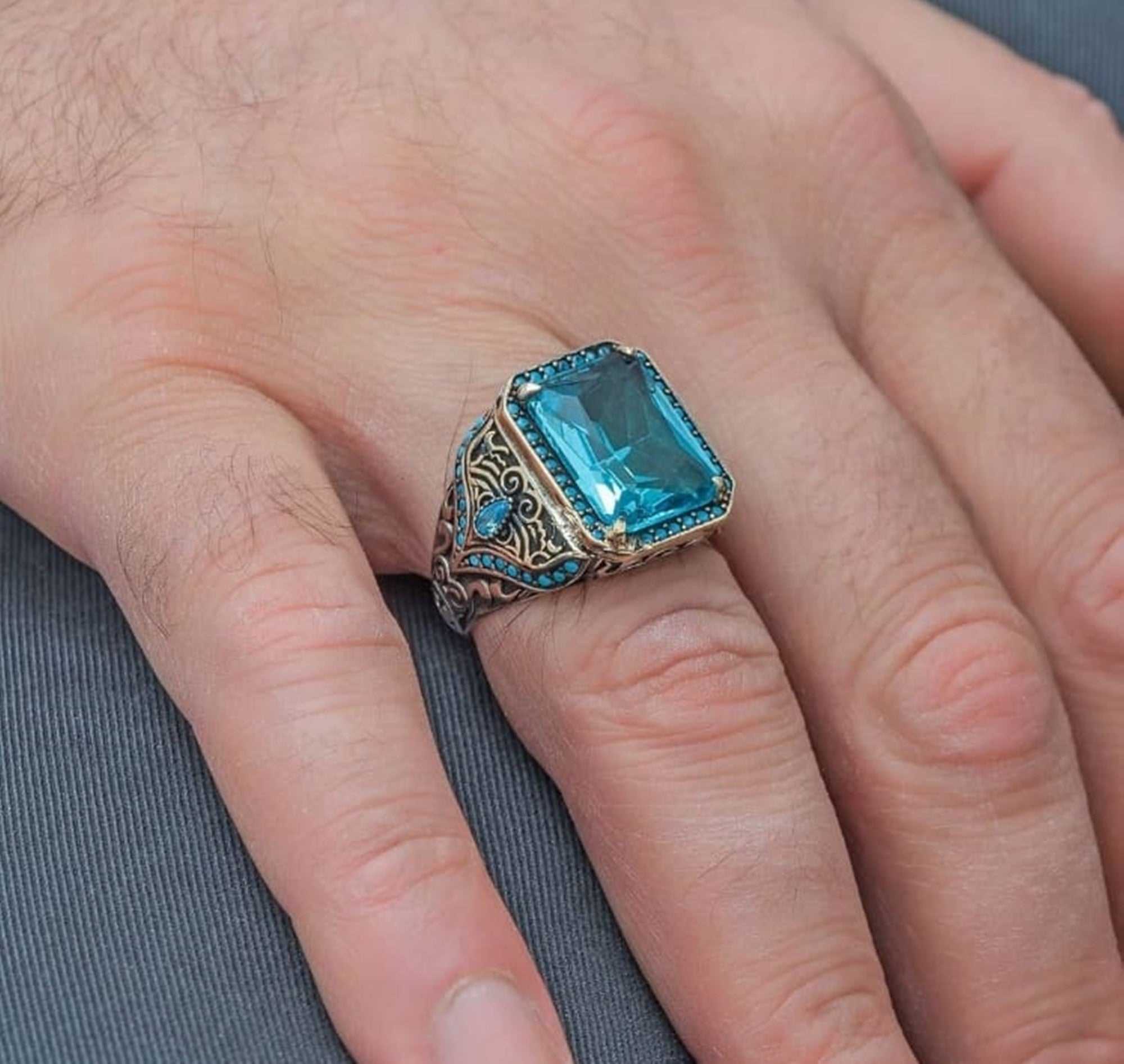 Aquamarine Silver Men Ring, Turkish Stone Ring Special Design-Boutique Spiritual