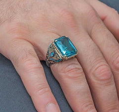 Aquamarine Silver Men Ring, Turkish Stone Ring Special Design - Boutique Spiritual