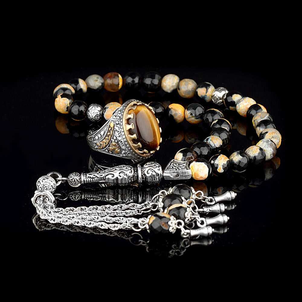 Agate (Aqeeq) Ring, Islamic Stone Silver Men Ring With Tasbih-Boutique Spiritual