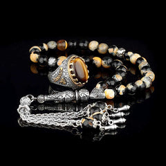 Agate (Aqeeq) Ring, Islamic Stone Silver Men Ring With Tasbih-Boutique Spiritual