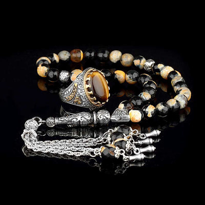 Agate (Aqeeq) Ring, Islamic Stone Silver Men Ring With Tasbih-Boutique Spiritual