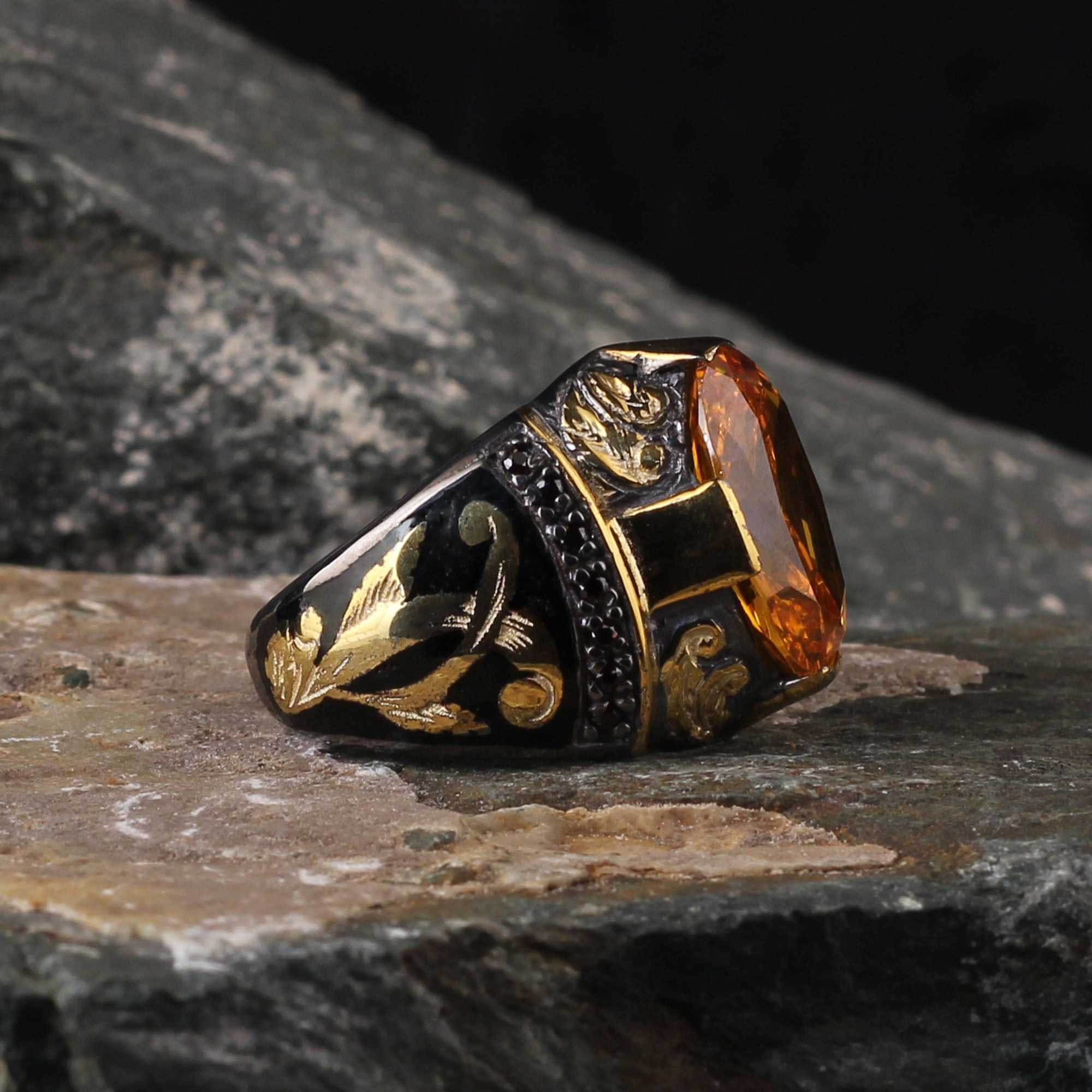 Orange Citrine Stone Ring, Turkish Signet Enamel Luxurious Silver Ring-Boutique Spiritual