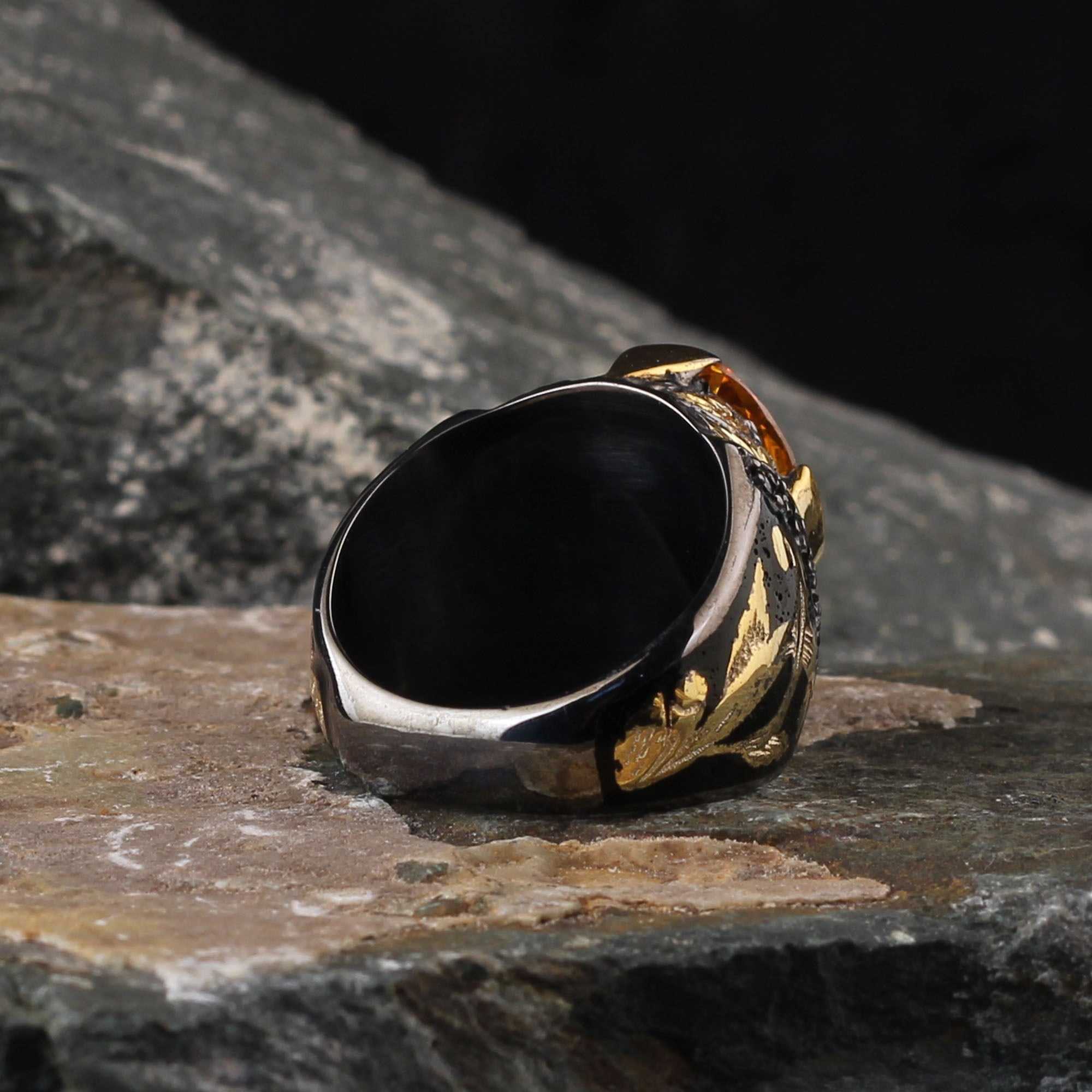 Orange Citrine Stone Ring, Turkish Signet Enamel Luxurious Silver Ring-Boutique Spiritual