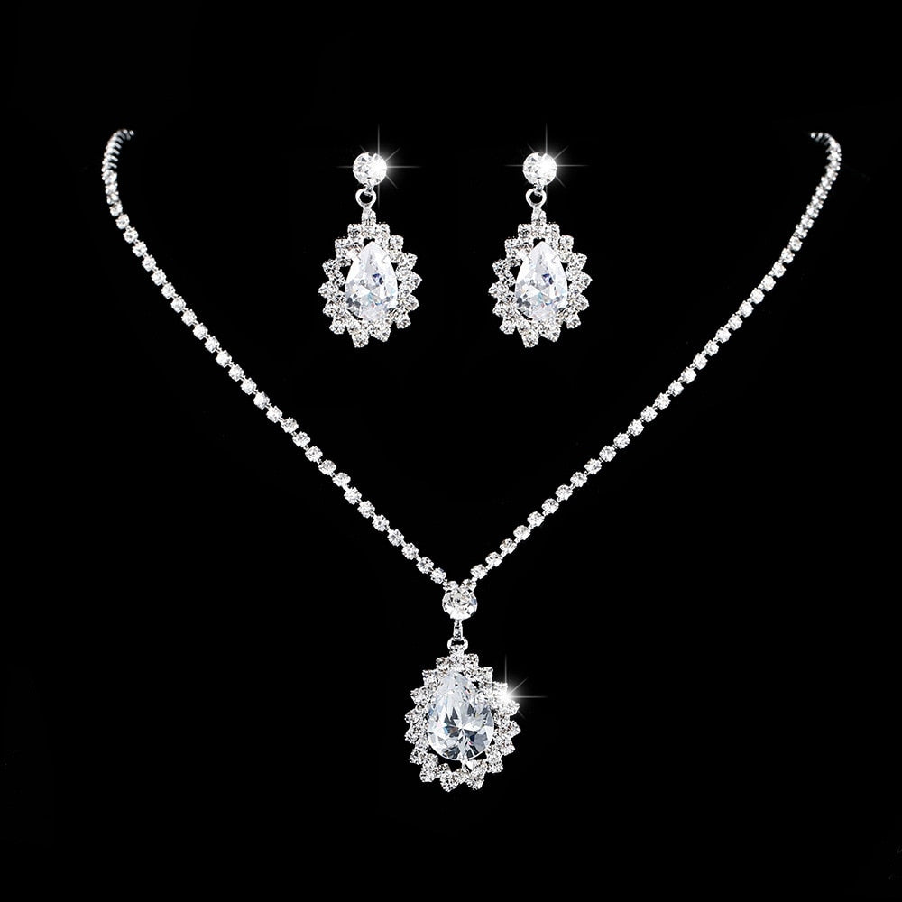 Water Drop Rhinestone Silver Plated Bridal Set-Boutique Spiritual
