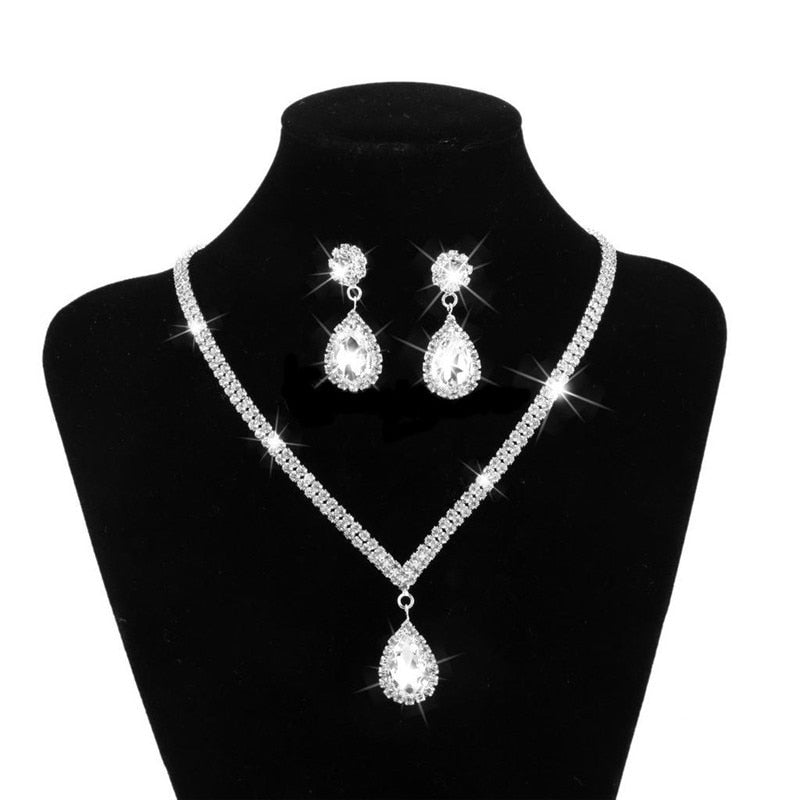 Water Drop Rhinestone Silver Plated Bridal Set - Boutique Spiritual