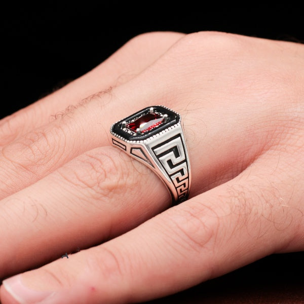 Turkish Red Zircon Men's Ring Handmade Exclusive Design-Boutique Spiritual