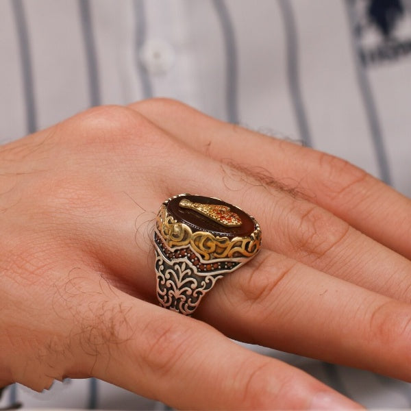 Islamic Agate Aqeeq Turkish Handmade Silver Men's Ring-Boutique Spiritual