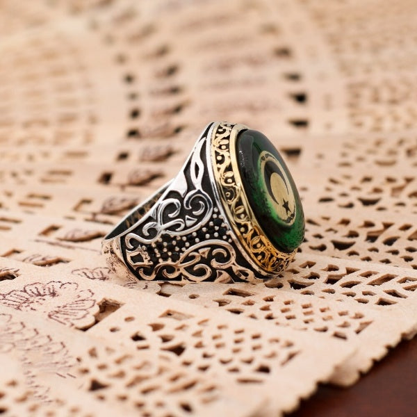 Islamic Agate Aqeeq Crescent Star Silver Men's Ring-Boutique Spiritual