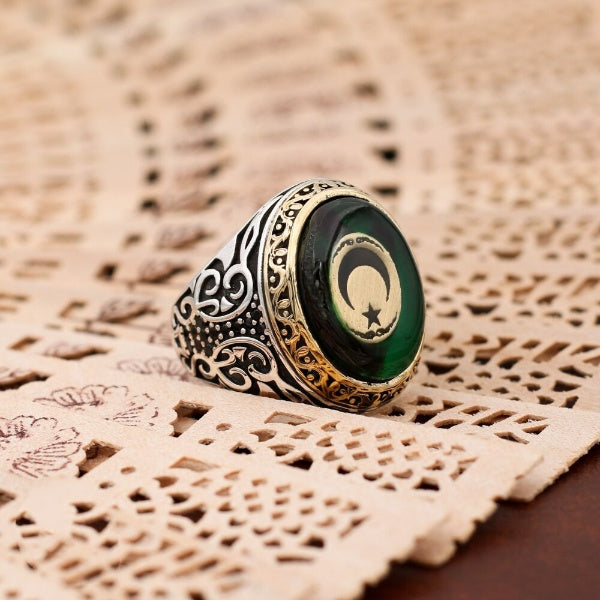 Islamic Agate Aqeeq Crescent Star Silver Men's Ring-Boutique Spiritual