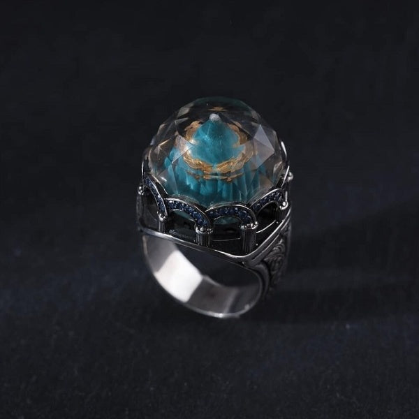 Rumi Tomb Islamic Ring, Green Oval Carved Mevlana Silver Men Tomb Ring-Boutique Spiritual
