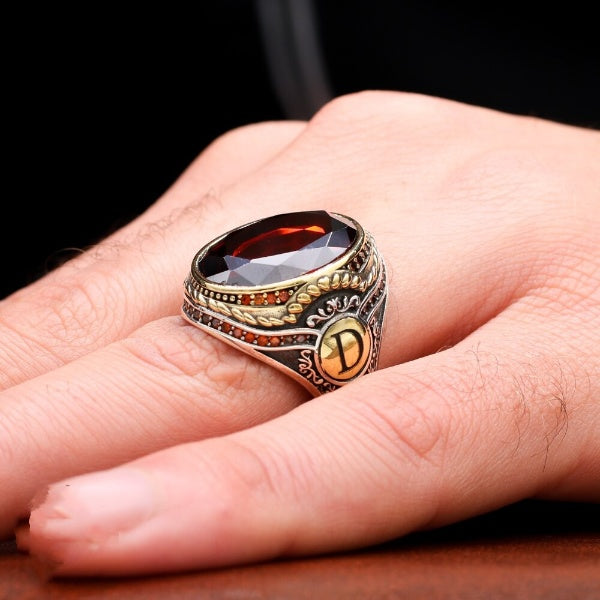 Customizable Turkish Zircon Stone Silver Men Ring - Two Letters Of Your Choice-Boutique Spiritual
