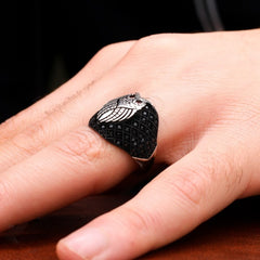 Turkish Sterling Silver Owl Men's Ring With Zircon Stones-Boutique Spiritual