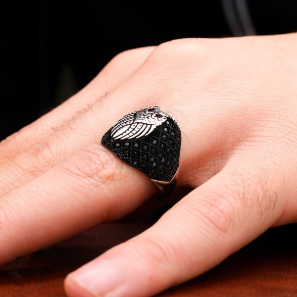 Turkish Sterling Silver Owl Men's Ring With Zircon Stones-Boutique Spiritual