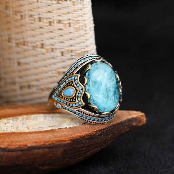Turkish Paraiba Stone Mens Ring Handmade Premium Design-Boutique Spiritual