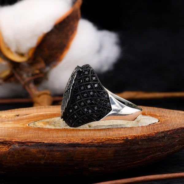 Turkish Sterling Silver Owl Men's Ring With Zircon Stones-Boutique Spiritual