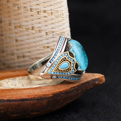 Turkish Paraiba Stone Mens Ring Handmade Premium Design-Boutique Spiritual