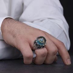 Rumi Tomb Islamic Ring, Green Oval Carved Mevlana Silver Men Tomb Ring-Boutique Spiritual