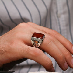 Turkish Handmade Royal Red Agate Silver Luxury Aqeeq Ring-Boutique Spiritual