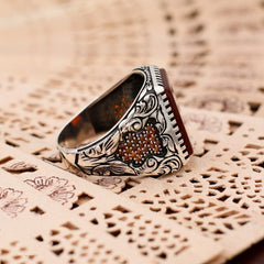 Turkish Handmade Royal Red Agate Silver Luxury Aqeeq Ring-Boutique Spiritual