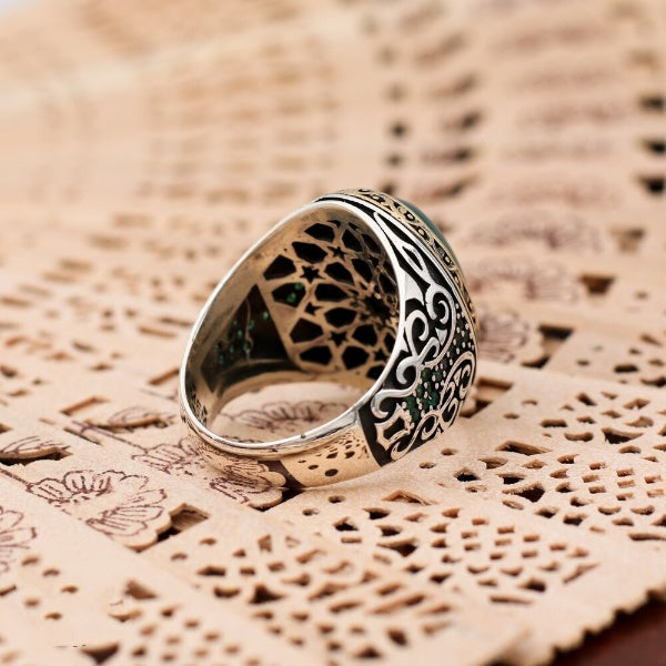 Turkish Green Agate Handmade Sterling Silver Luxury Aqeeq Ring-Boutique Spiritual