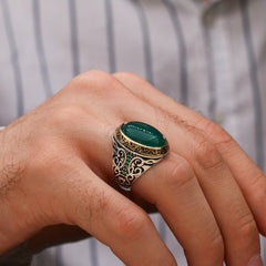 Turkish Green Agate Handmade Sterling Silver Luxury Aqeeq Ring-Boutique Spiritual