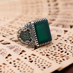 Turkish Handmade Royal Green Agate Silver Luxury Aqeeq Ring-Boutique Spiritual