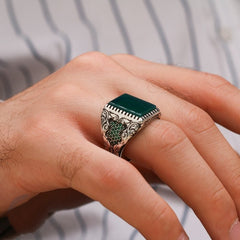 Turkish Handmade Royal Green Agate Silver Luxury Aqeeq Ring-Boutique Spiritual