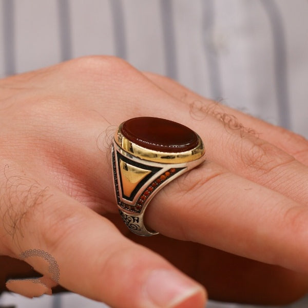 Islamic Yemeni Aqeeq stone Ring, Turkish Handmade Silver Men Ring-Boutique Spiritual