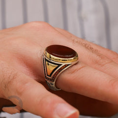 Islamic Yemeni Aqeeq stone Ring, Turkish Handmade Silver Men Ring-Boutique Spiritual
