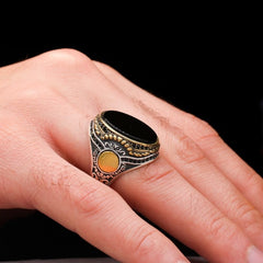 Islamic Black Aqeeq Stone Ring, Turkish Handmade Silver Men Ring-Boutique Spiritual