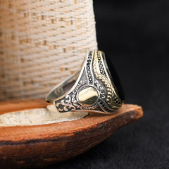 Islamic Black Aqeeq Stone Ring, Turkish Handmade Silver Men Ring-Boutique Spiritual