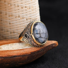 Islamic Royal Black Aqeeq Stone Ring, Turkish Handmade Silver Ring For Men-Boutique Spiritual
