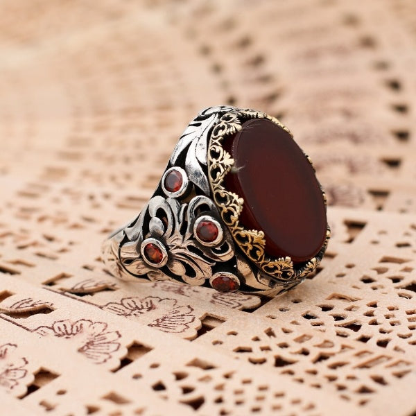 Islamic Yemeni Aqeeq stone Ring, Turkish Handmade Fancy Silver Ring for men-Boutique Spiritual