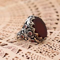 Islamic Yemeni Aqeeq stone Ring, Turkish Handmade Fancy Silver Ring for men-Boutique Spiritual