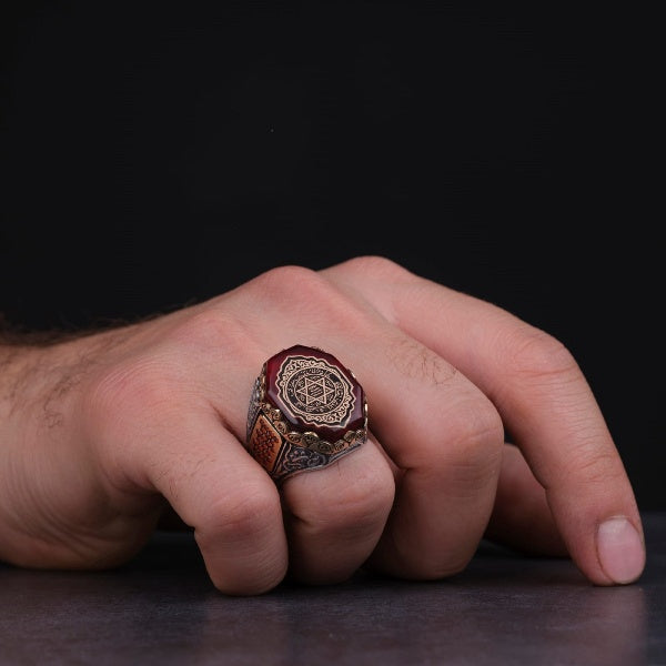 Seal of Solomon Ring, Red Amber Stone Silver Men Ring-Boutique Spiritual