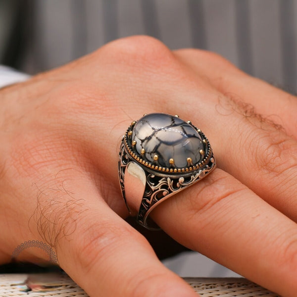 Turkish Handmade Royal Black Agate Silver Luxury Aqeeq Ring-Boutique Spiritual