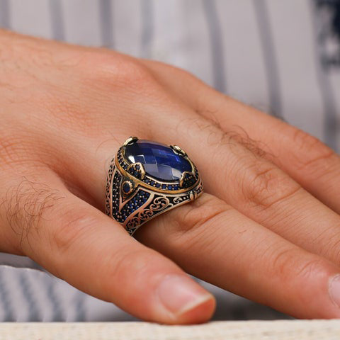 Turkish Handmade Blue Agate Silver Gold Luxury Aqeeq Ring-Boutique Spiritual