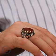 Islamic Yemeni Aqeeq stone Ring, Turkish Handmade Fancy Silver Ring for men-Boutique Spiritual