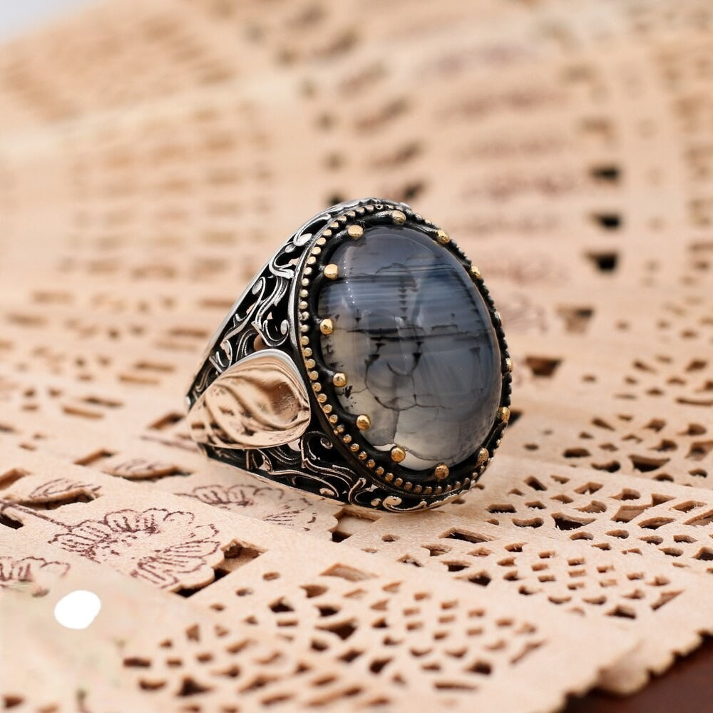 Turkish Handmade Royal Black Agate Silver Luxury Aqeeq Ring-Boutique Spiritual