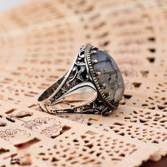 Turkish Handmade Royal Black Agate Silver Luxury Aqeeq Ring-Boutique Spiritual