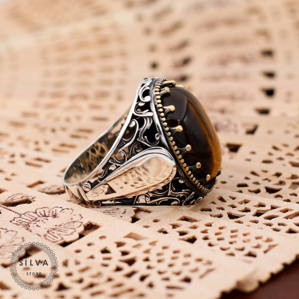 Turkish Tiger Eye Stone Mens Ring Handmade Premium Design-Boutique Spiritual