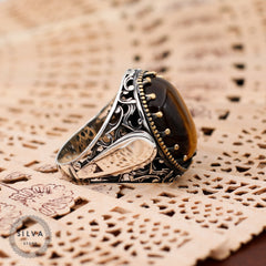 Turkish Tiger Eye Stone Mens Ring Handmade Premium Design-Boutique Spiritual
