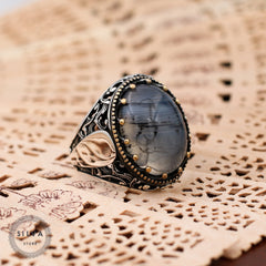 Turkish Handmade Grayish Agate Black Luxury Vintage Aqeeq Ring-Boutique Spiritual