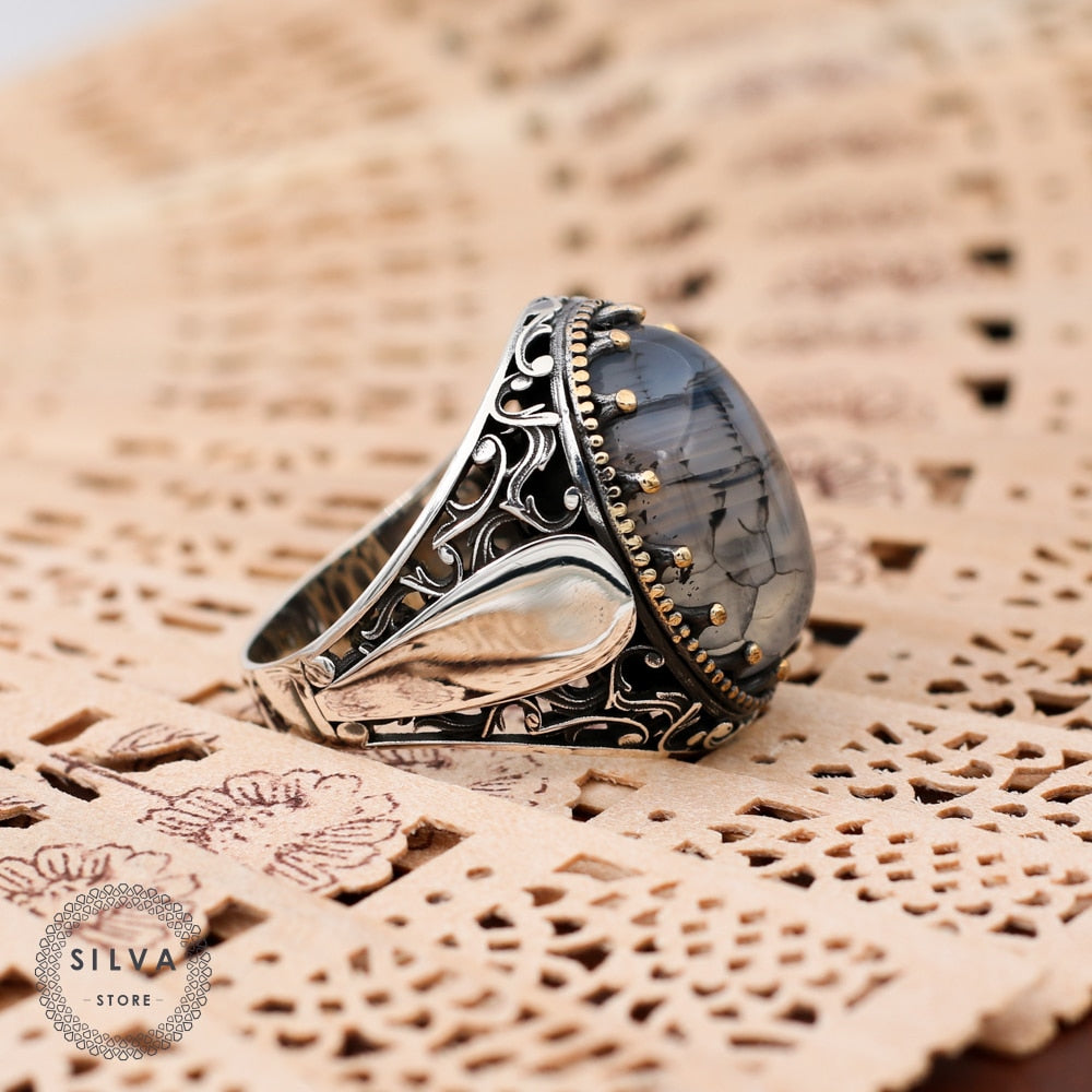 Turkish Handmade Grayish Agate Black Luxury Vintage Aqeeq Ring-Boutique Spiritual