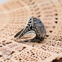 Turkish Handmade Grayish Agate Black Luxury Vintage Aqeeq Ring-Boutique Spiritual