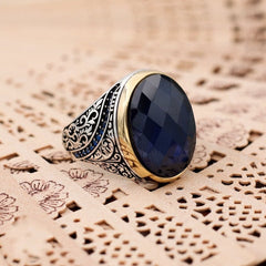 Turkish Handmade Royal Blue ish Agate Golden Luxury Aqeeq Ring-Boutique Spiritual