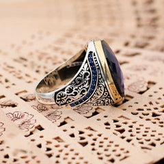Turkish Handmade Royal Blue ish Agate Golden Luxury Aqeeq Ring-Boutique Spiritual