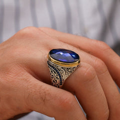 Turkish Handmade Royal Blue ish Agate Golden Luxury Aqeeq Ring-Boutique Spiritual