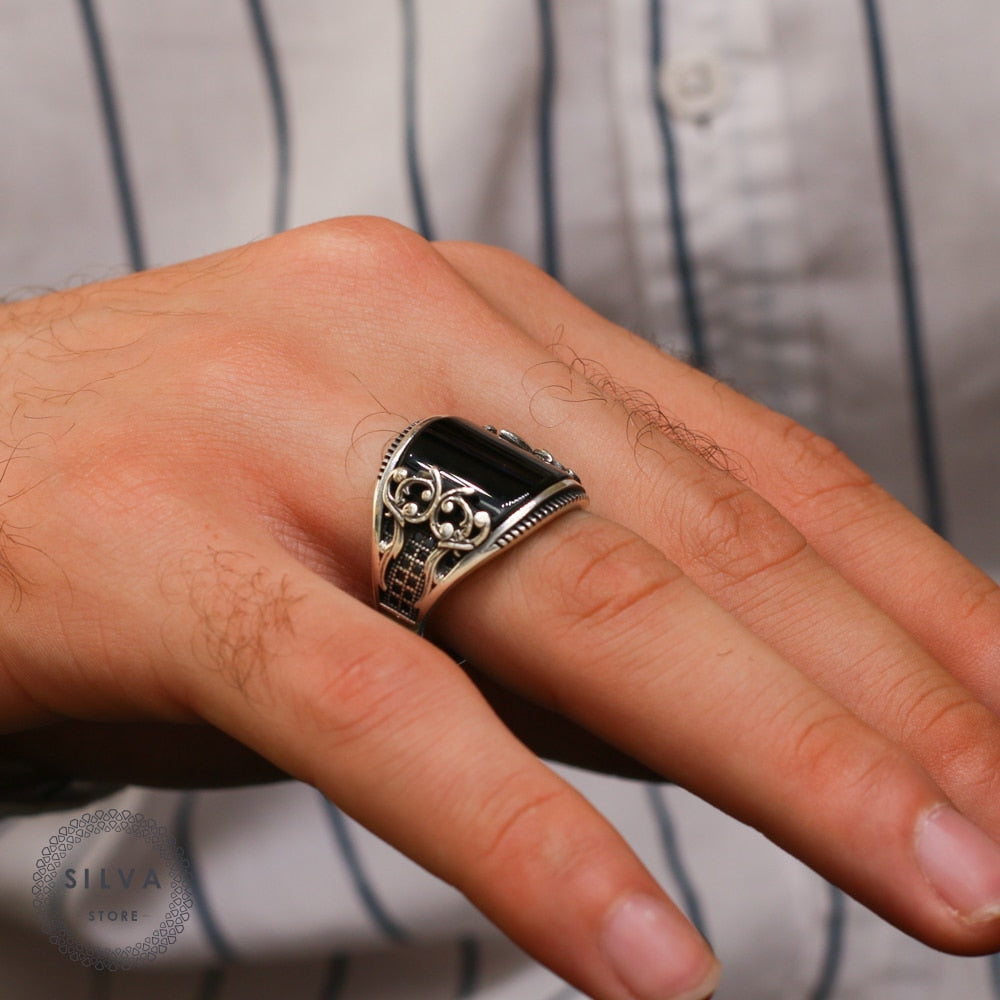 Turkish Handmade Black Agate Silver Luxury Aqeeq Ring-Boutique Spiritual