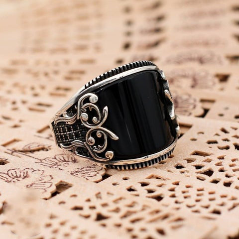 Turkish Handmade Black Agate Silver Luxury Aqeeq Ring-Boutique Spiritual